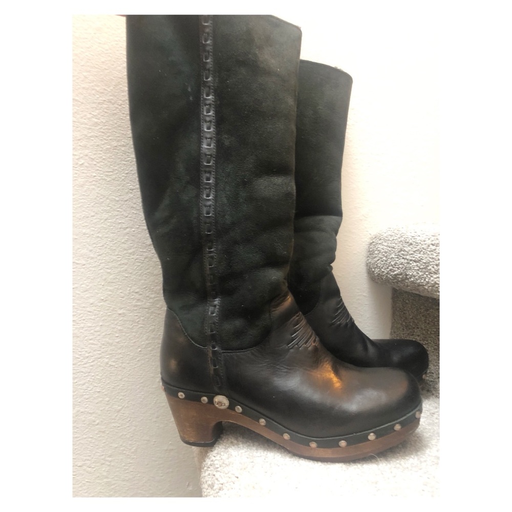 UGG Black Leather Boots with wooden heel (size 7)